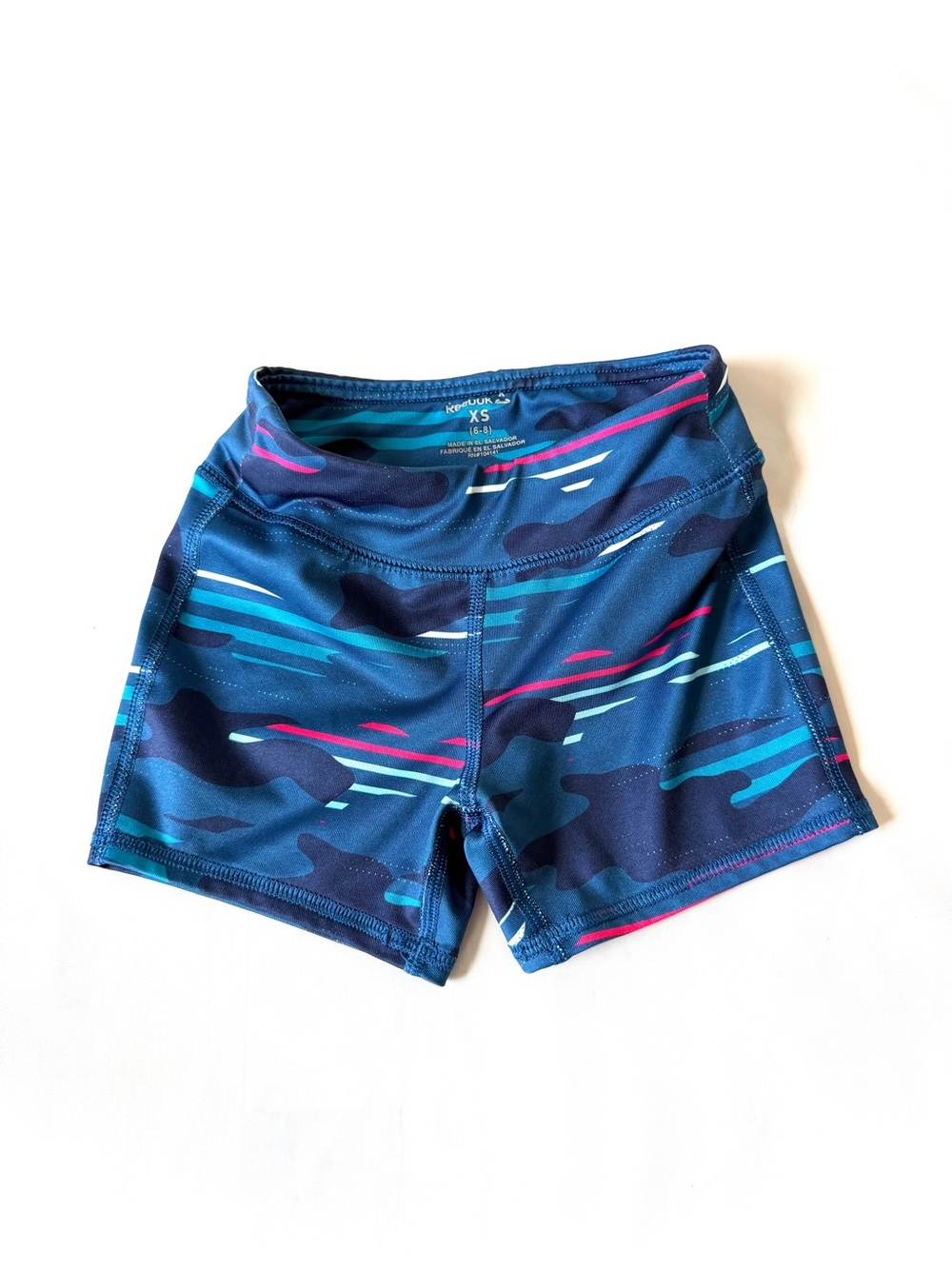 Reebok Girls Abstract Camo Compression Athletic Shorts XS 6-8 Blue Pink